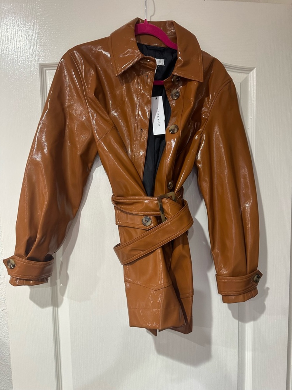 Topshop Glossy Faux Leather Trench Coat - Cognac